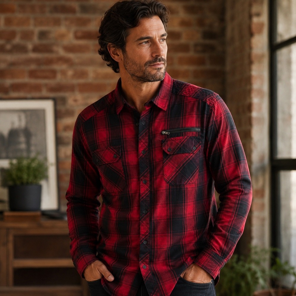 Machine Push The Limit Mens XL Red Black Plaid Zipper Pocket Button Down Shirt